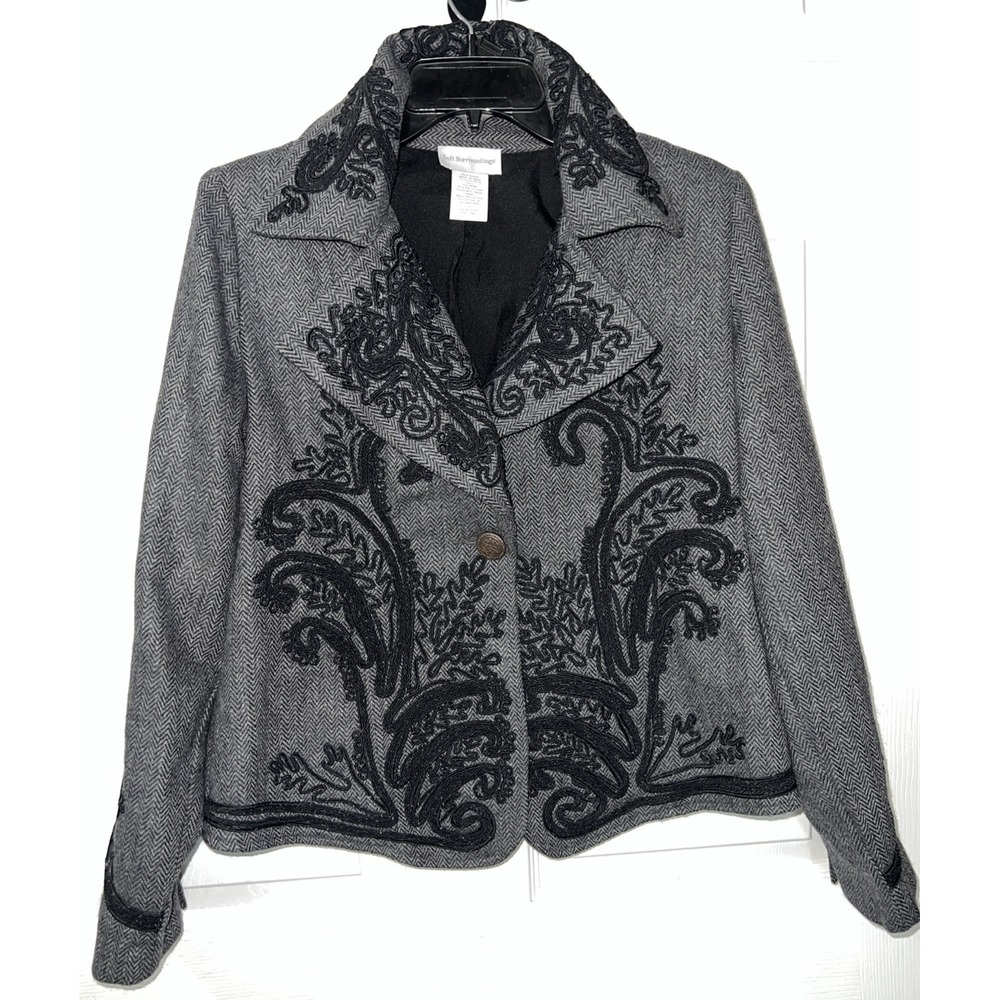 Soft Surroundings Blazer Women's Small Gray Wool Blend Herringbone Soutache